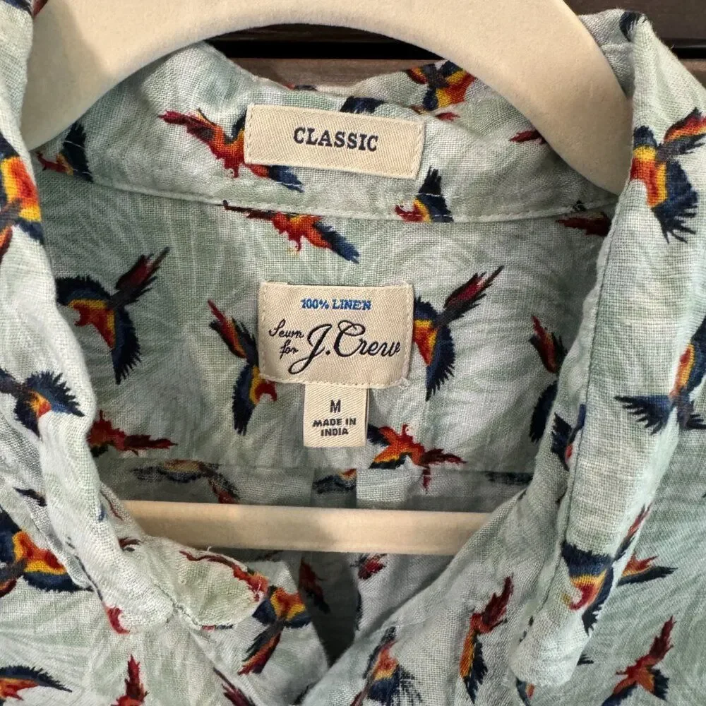 J.Crew 100% Linen Parrot Print Short Sleeve Button Down Shirt Men’s M Tropical